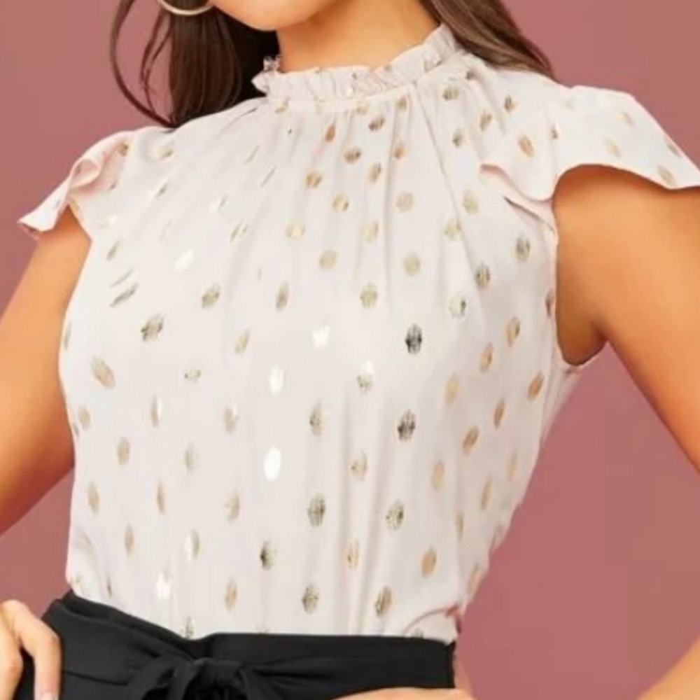 Peach and Metallic Gold Foil Dot Flutter Cap Sleeve Top